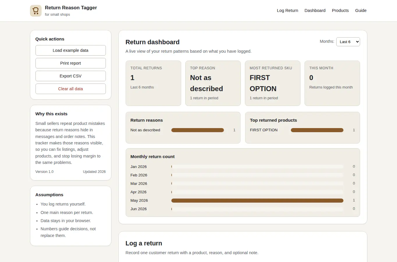 Screenshot of Return Reason Tagger for Small Shops interface showing the project page in use
